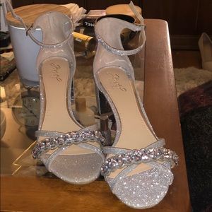 Silver sparkle, low chunky heel, size 10